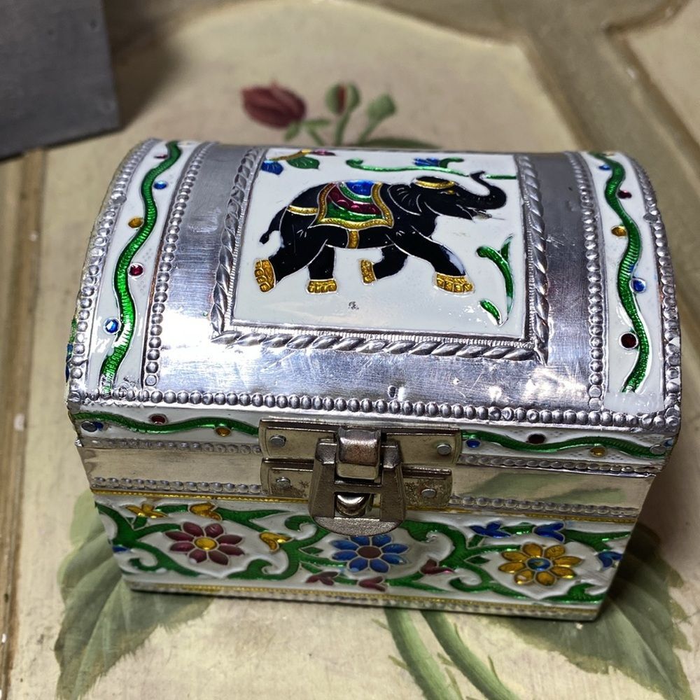 Vintage Meenakari Metal Elephant Trinket Jewelry Box Treasure Chest Hand Made